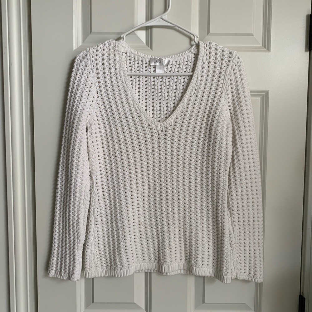 LOFT White Cotton V-Neck Crochet Knit Top/Cover Up